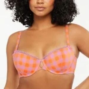 NWT Savage X Fenty Gingham Remix Unlined Plunge Bra 32B Orange Pink Checks